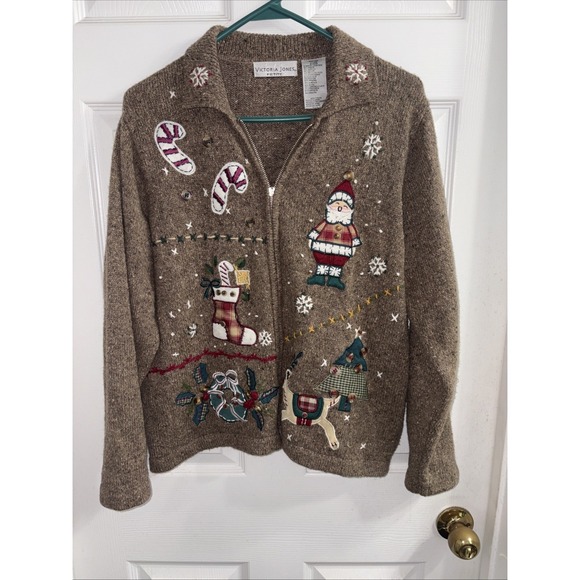 Victoria Jones Woman Sweaters - Vintage 90s Victoria Jones Women's Brown Zip Front Christmas Cardigan Size PXL